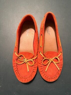 Lucky Brand Red/Orange Suede Moccasin Loafers with Bow